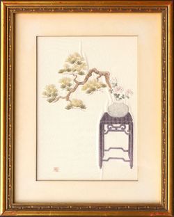 Bonsai tree vintage traditional Asian silk embroidery original fine artwork