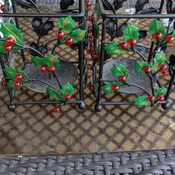 2 Metal Holly Christmas Pillar Candle Holders
