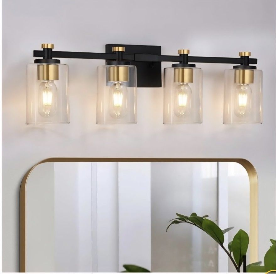 4 Light Bathroom Vanity Lights, Black and Gold with Clear Glass Shade, Modern Wall Sconces Over Mirror