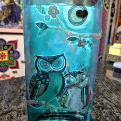 Whimsical Turquoise Owls Glass Vase 11.75" 