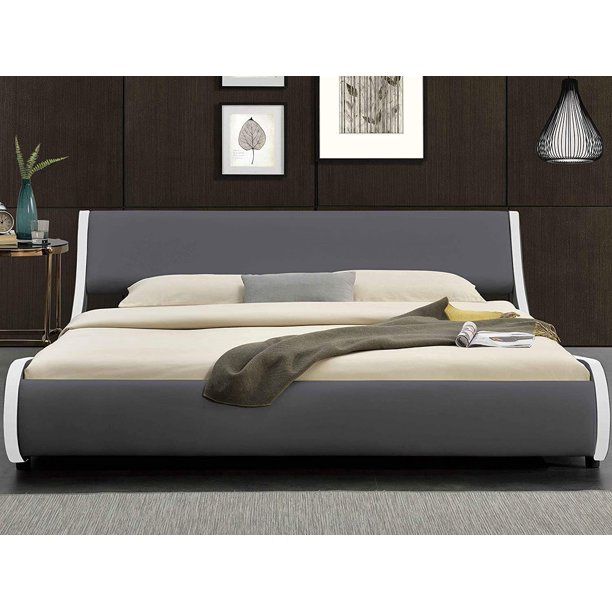 Amolife Queen Size Modern Platform Bed Frame with Adjustable Headboard, Faux Leather, Grey with White Border