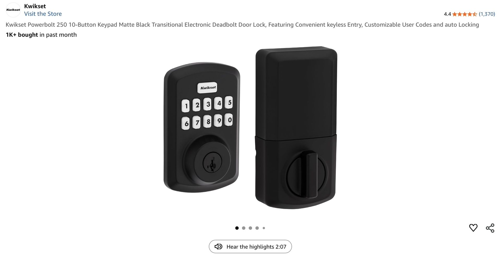 Kwikset Powerbolt 250 10-Button Keypad Matte Black Transitional Electronic Deadbolt Door Lock, Featuring Convenient keyless Entry, Customizable User C