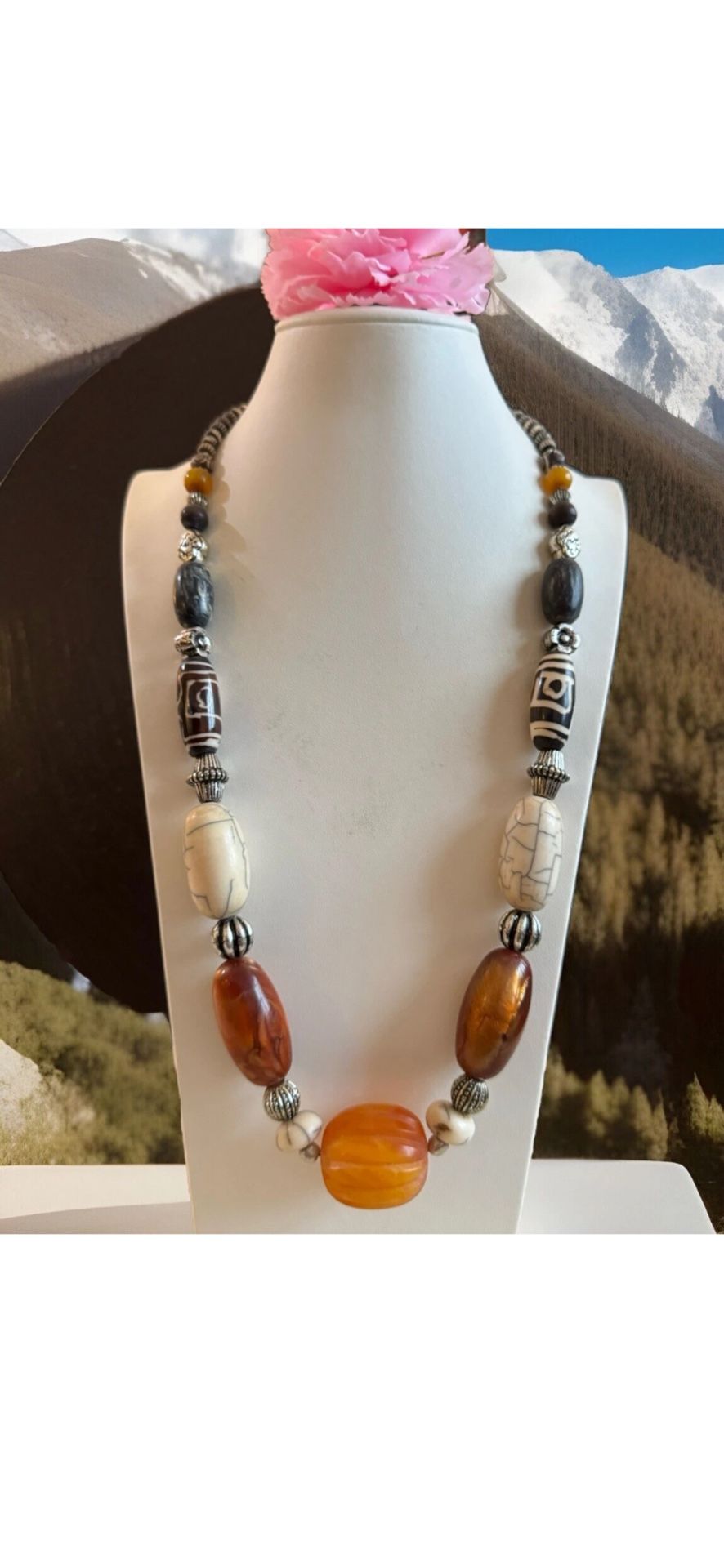 Vintage & Elegant Ethnic Tribal Handmade Beaded Necklace With Amber Resin & Silver Accent 27”in & 108 grams