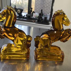 Vintage amber glass horses bookends 