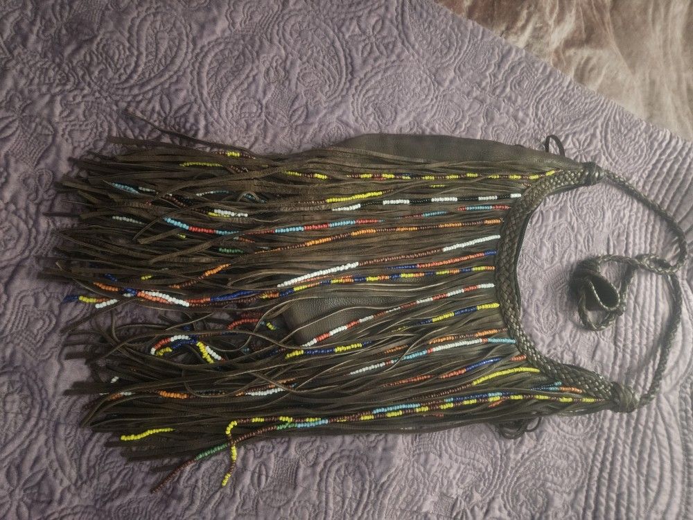 60's Leather Purse With Glass Beads