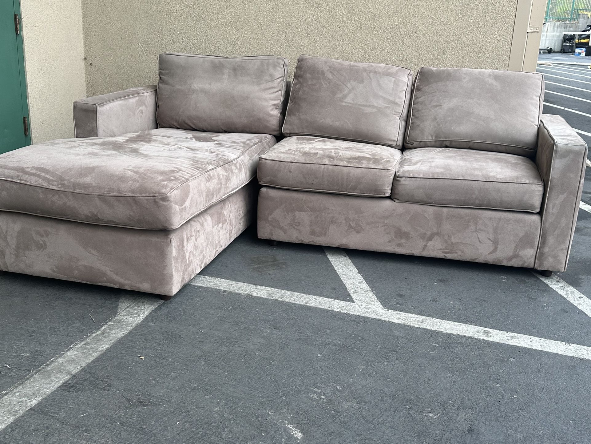 Super comfy suede colored Room & Board sofa w/ chaise in good condition. 