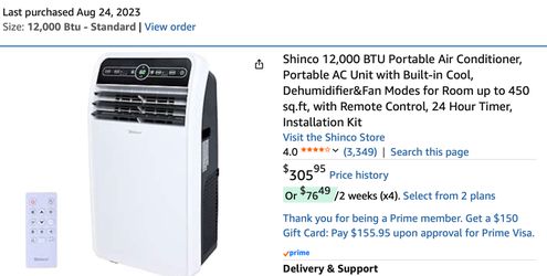 Shinco 12,000 BTU Portable Air Conditioner. Only used once because AC broke then got repaired.