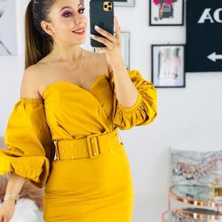 Vestido amarillo manga larga hot sale