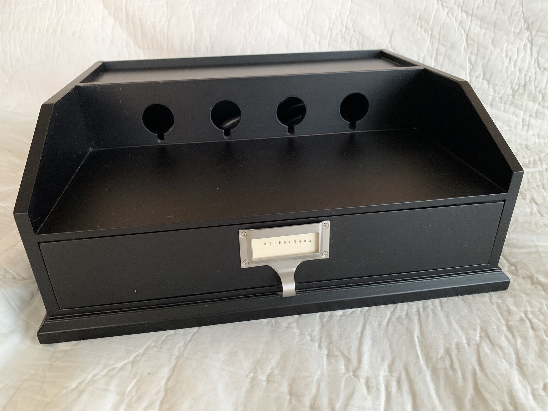 Pottery Barn Black Desk Organizer, Monitor Stand, Cord Closet, Multi Plug Charger