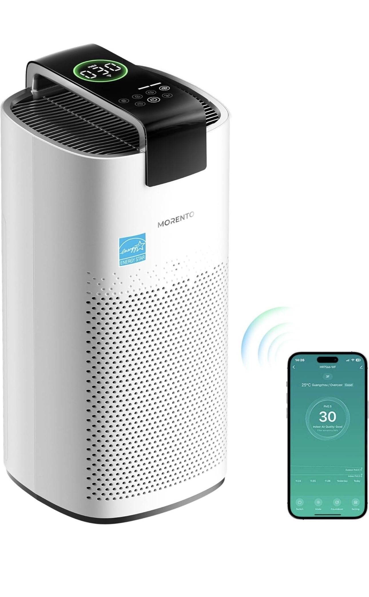 MORENTO Air Purifiers for Home Large Room Up to 2050 Ft? with PM 2.5 Air Quality Sensor, Smart WiFi and Sleep Mode, Hepa Air Purifier For Home Filters