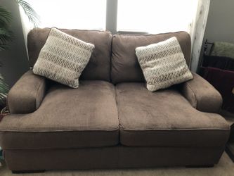Brown Fielding Loveseat and Oversized Chair w Ottoman. for Sale