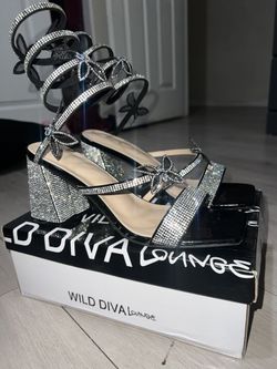 Wild Diva Women Butterfly Rhinestone Spiral Ankle Strap Square Toe Low Block Heels