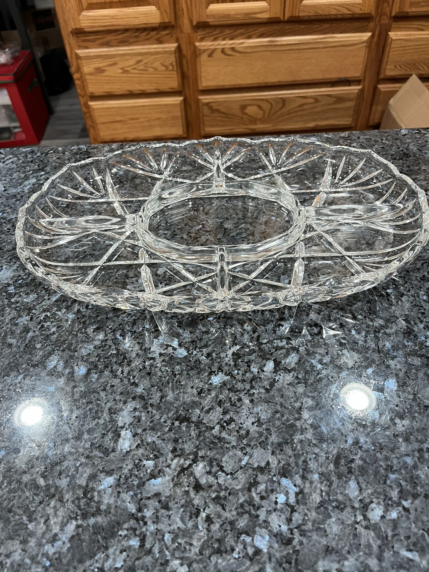 Clear Vintage Serving Tray with Four Divided Sections.  Size 14 1/2 inches wide.  Preowned Excellent condition.  no cracks or chips.  