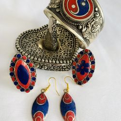 Yin Yang Cuff Bracelet Set Ring Size 7&7.5