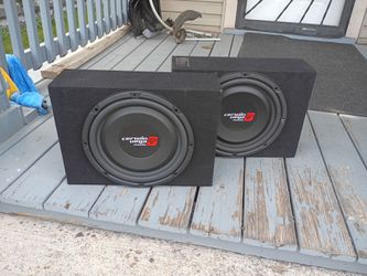 Brand New 2 12inch cerwin vega shallow mount subs loaded in 2 shallow mount boxes and a cerwin vega 500.1 micro size strong amp and a battery capacito
