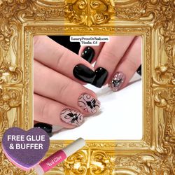 Black Butterfly Scroll Rhinestone Short Press On Nails 24 Pc Set - FREE GLUE & BUFFER