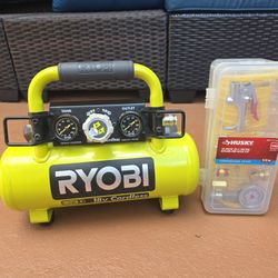 Ryobi P739 Portable Inflation18 Volt Cordless Air Compressor With Husky Air Hose Kit
