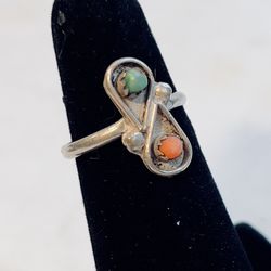 Vintage Navajo Turquoise Coral Silver Ring - Size 6