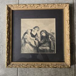 WILLIAM MORRIS HUNT The Fortune Teller c.1859 Lithograph Framed Antique 13x13"
