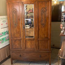 Antique oak standing closet with under drawer