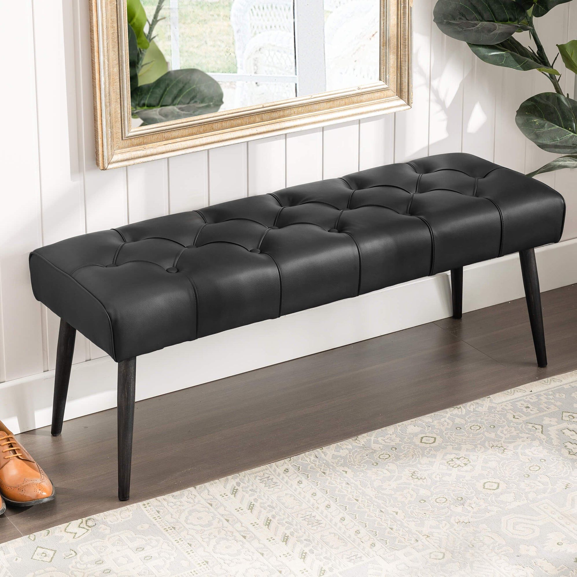 Modern Black Faux Leather Tufted Bench – Entryway/Bedroom/Accent Ottoman 
