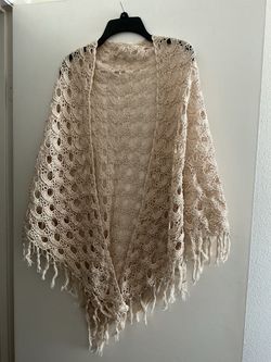 Cream Crochet Shawl Wrap with Fringe