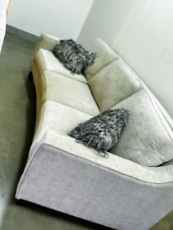 Beautiful Curved Gray Sofa – Amish Crafted, Custom Homeplex Design
