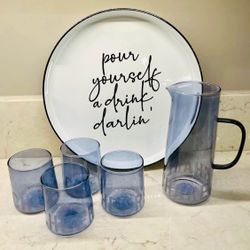 Blue Glass Drinkware Set with Serving Tray, NEW