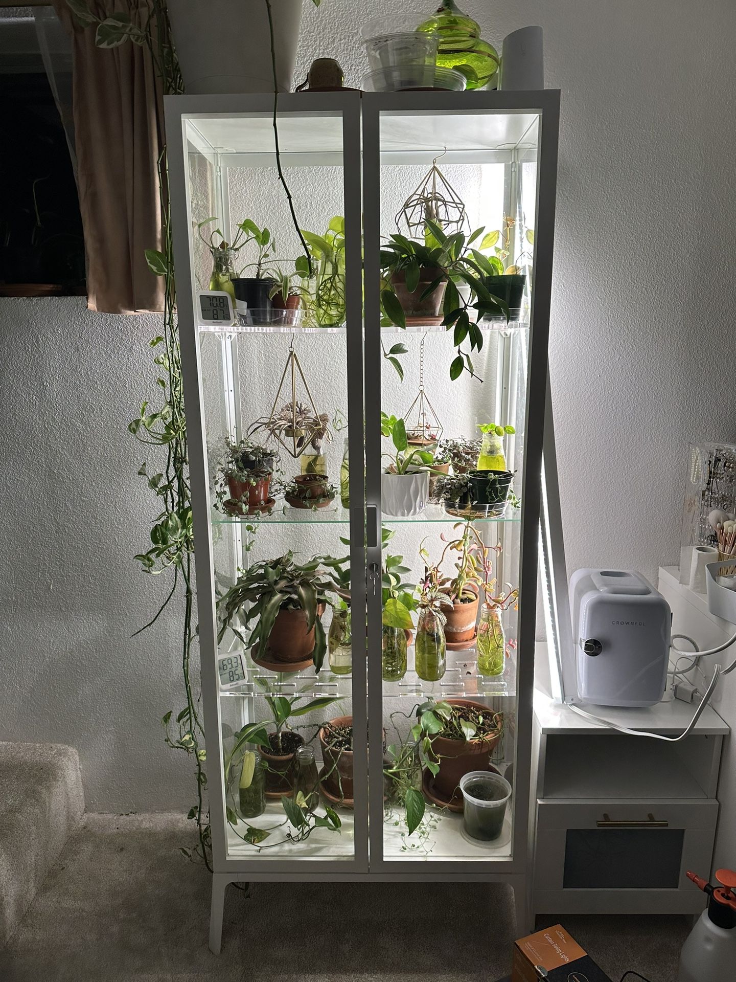IKEA Milsbo Tall Glass Cabinet with Ventilated Acrylic Shelves (hacked as an indoor greenhouse)