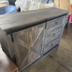 Farmhouse Kitchen CabinetSliding Barn Door and 3 Storage Drawers for Living Room, Dark Grey YM469