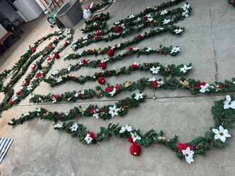 Christmas Garland Lot with Poinsettias and Ornaments