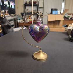 Vintage Iridescent Art Glass Heart Ornament With Brass Stand 7" Tall - Excellent Condition