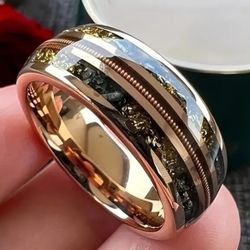 Men's Women's 8mm Tungsten Guitar String Gold Leaf Flakes Comfort-Fit Engagement Wedding Band 12