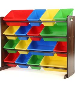 Humble Crew Kids Toy Organizer with 16 Bins, 4 Tier Storage for Playroom Sturdy wood and steel toddler shelf, removable BPA-free containers, wall anch