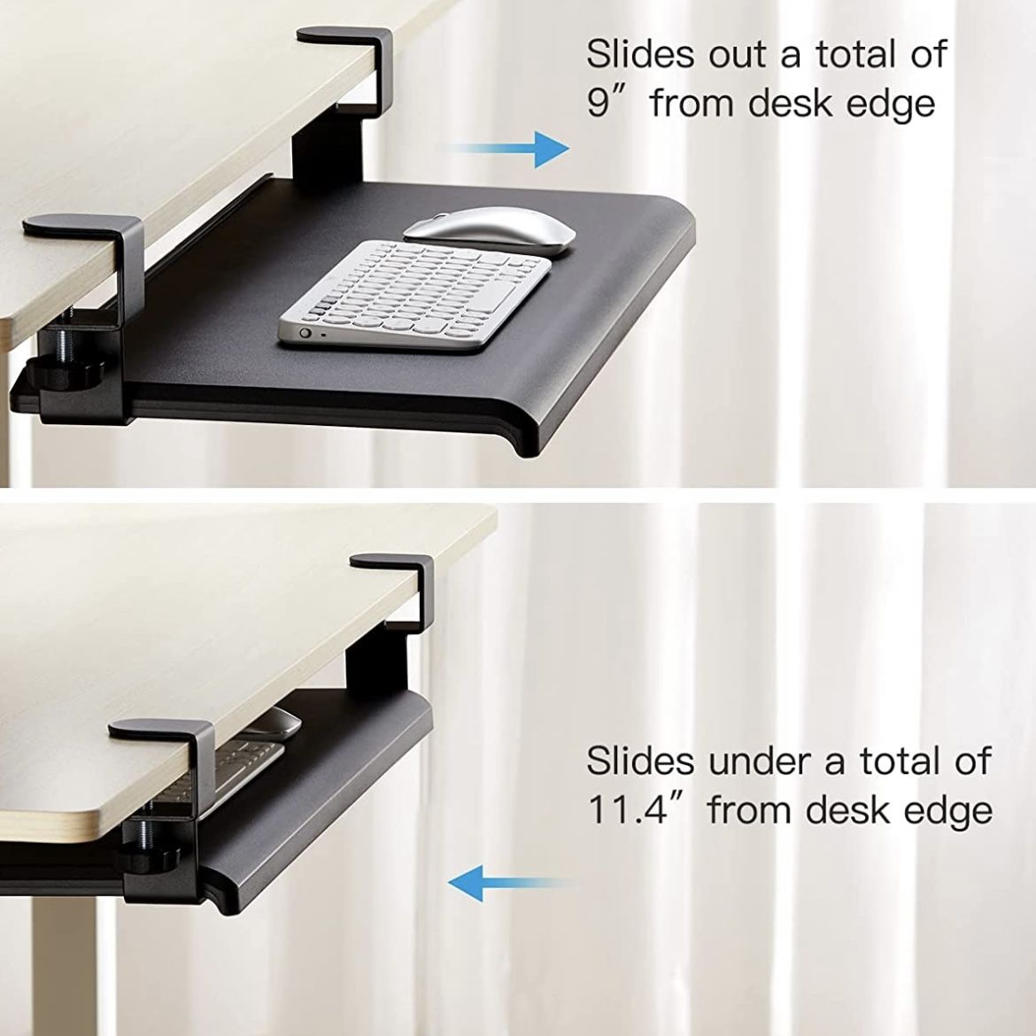 Large Keyboard Tray 27 inches Under Desk with C Clamp Computer Keyboard Stand Slide Pull Out No Screwing into Desk for Home or Office