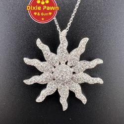 14K White Gold Sunburst Sun Diamond Pendant And Chain Set