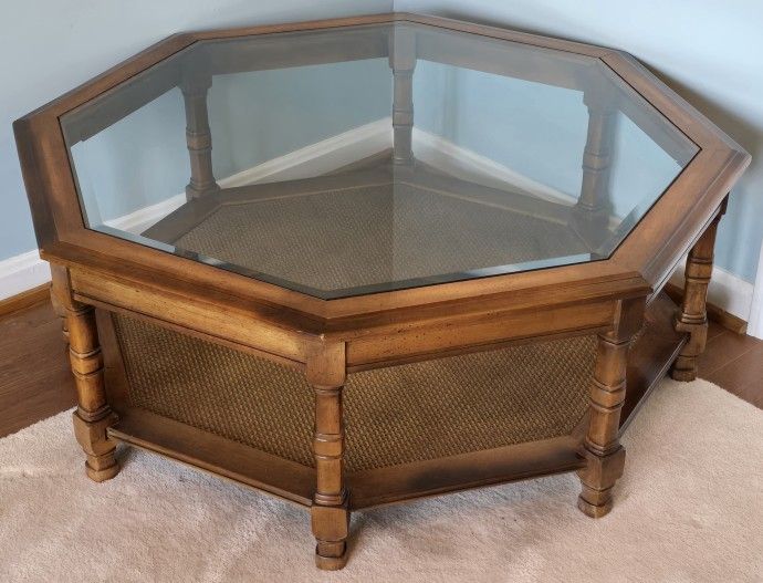 Vintage RARE Octagonal Coffee Table w/Beveled Glass Top Dark Wood Storage 36×15"
