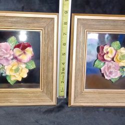 Vintage Pair Of Framed 3D Floral Hand Painted Ceramic Wall Decor 