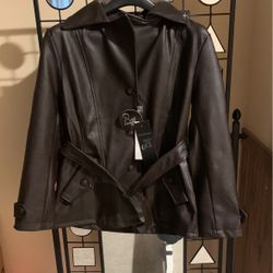 Dark Brown Vegan Leather  Belted Jacket Brand New With Tags Size M