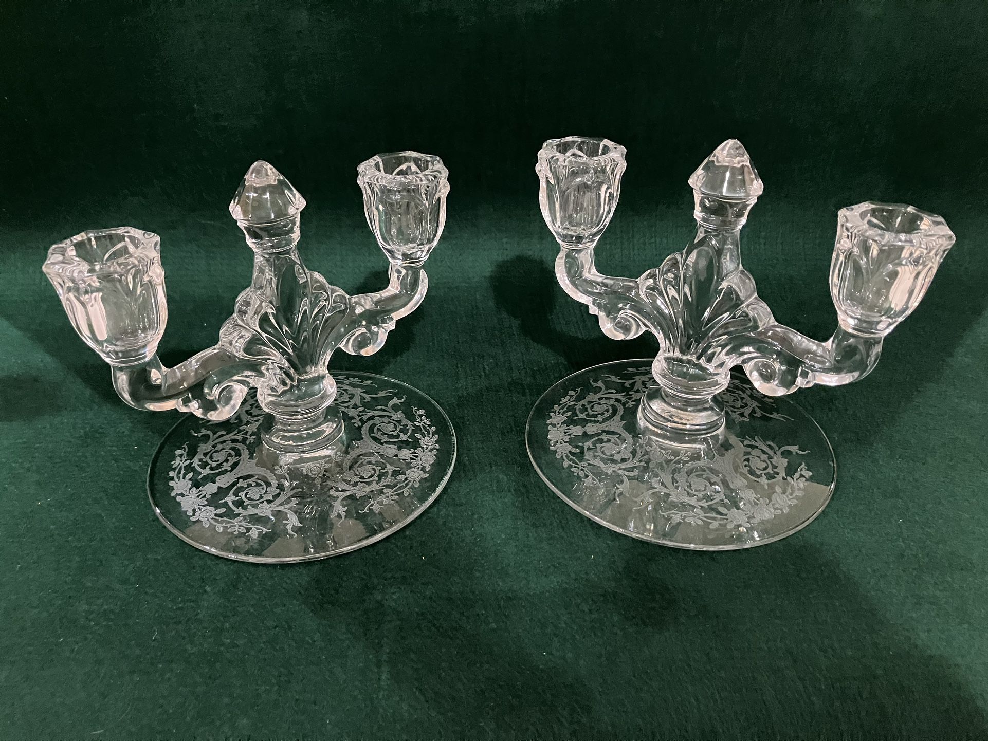 Matched Pair/Embossed Pressed Glass Double Candelabras