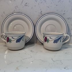 Vintage Lenox Chinastone Poppies on Blue Coffee Tea Cup and Saucer Set of 2 pair