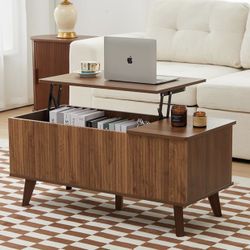 Wooden Fluted Lift Top Coffee Table with Hidden Compartment