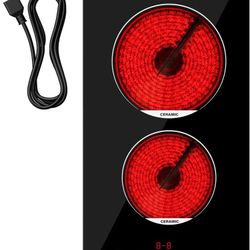 12 Inch Electric Cooktop, 2 Burners Built-in Electric Stove Top Hot Plate, Drop-in Ceramic Cooktop Kitchen Stoves with Touch Control, Safety Lock, Tim