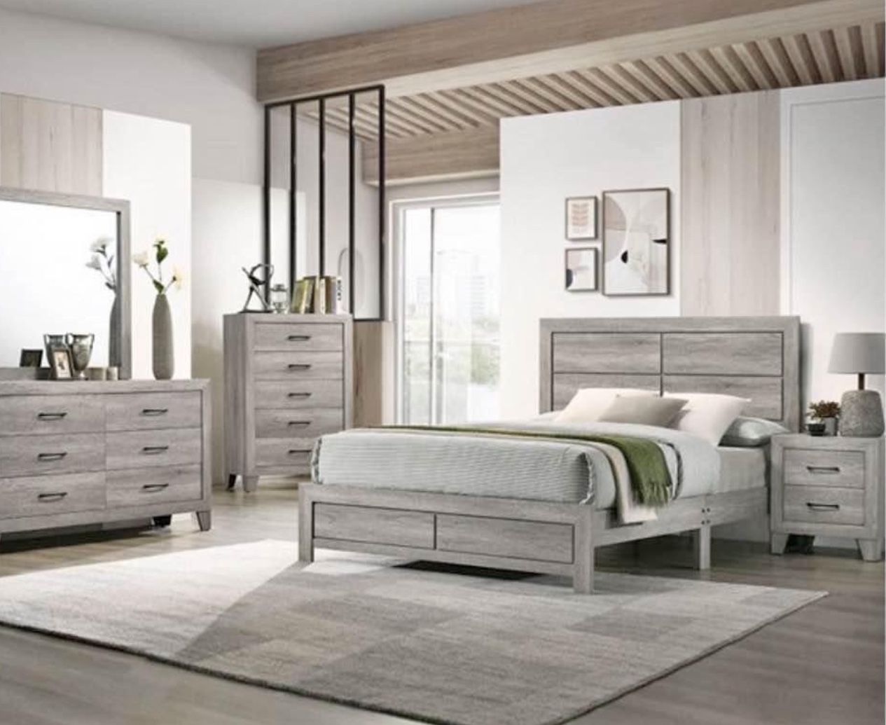 4 Pc Bedroom set DresserMirror Nightstand (1) Queen size bed frame Not including Mattress and Box Sp