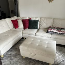 Cream L-shape Sectional with Ottoman