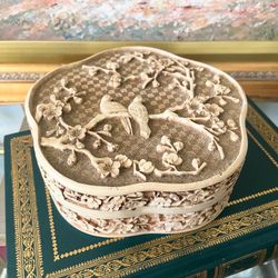 Vintage 5 1/2” W Ivorine Carved “Birds and Blossoms” Lidded Trinket Box