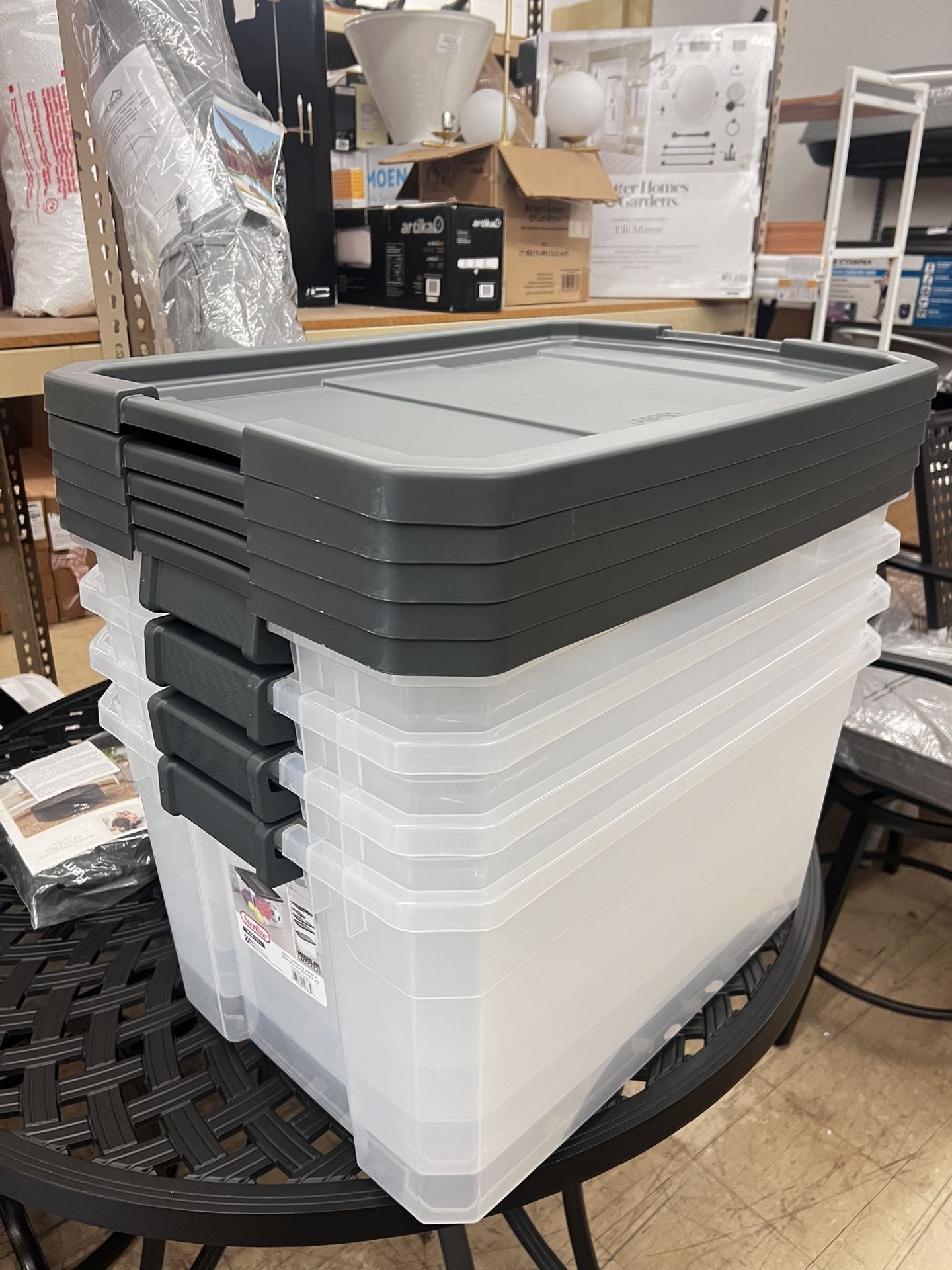 76 Quart Stacker Box, Durable Clear Plastic Bin with Lid, Dark Gray, New