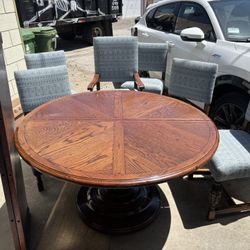 Solid Wood Round Dining Table Set w/ Leaf Extension + 6 Chairs – Oak Pedestal