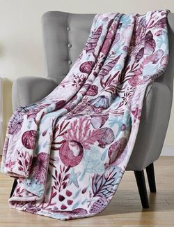 NEW VCNY Home Soft Blankets - Ivory/Purple Sea Life 50X70