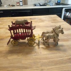Antique cast iron horse -circus cage,baby bear- Overland circus company